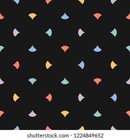 Abstract colorful geometric seamless pattern with small triangles, petals, dots, confetti on black backdrop. Vector minimalist texture. Simple funky graphic background. Repeat design for decor, prints