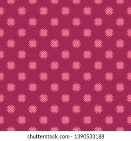 Abstract colorful geometric seamless pattern. Simple vector minimalist texture with diamond shapes, circles, dots. Burgundy and pink color. Elegant minimal ornament background. Subtle repeat design