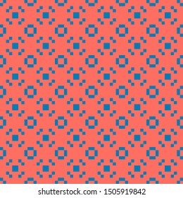 Abstract colorful geometric seamless pattern with small squares, floral shapes. Vector texture in bright colors, coral and blue. Creative minimal design. Pixel art. Retro 80-90's fashion background
