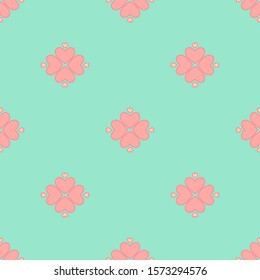 Abstract colorful geometric seamless pattern with heart shapes for textile, fabric, wrapping paper, wallpaper, background, fashion design. Vector illustration on mint background.