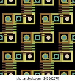 Abstract colorful geometric seamless pattern. Circles, squares, stripes, lines. Repeating background texture. Cloth design. Wallpaper, wrapping 