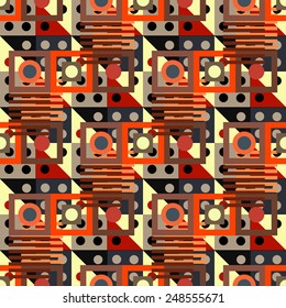 Abstract colorful geometric seamless pattern. Circles, squares, stripes, lines. Repeating background texture. Cloth design. Wallpaper, wrapping
