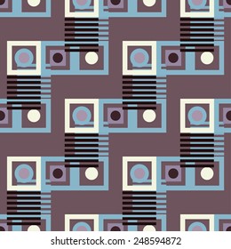 Abstract colorful geometric seamless pattern. Circles, squares, stripes, lines. Repeating background texture. Cloth design. Wallpaper, wrapping