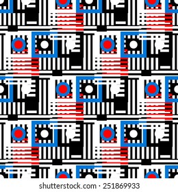 Abstract colorful geometric seamless pattern. Circles, squares, stripes, lines. Repeating background texture. Cloth design. Wallpaper, wrapping 