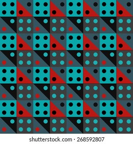 Abstract colorful geometric seamless pattern with dices. Circles, squares, cubes, triangles, Repeating background texture. Cloth design. Wallpaper, wrapping
