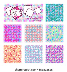 Abstract colorful geometric seamless patterns set. Textile prints for pillows and curtains.