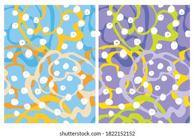 Abstract Colorful Geometric Seamless Vector Pattern. Yellow, Orange and Green Irregular Brush Dabs Isolated on a Blue and Violet Background. Funny Doodle Print. Simple Infantile Style Design.