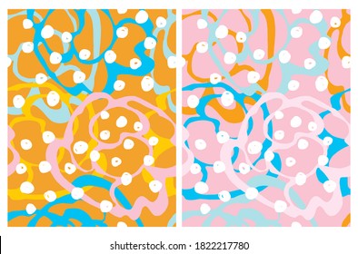 Abstract Colorful Geometric Seamless Vector Pattern. Yellow, Orange and Blue Irregular Brush Dabs Isolated on a Pink and Orange Background. Funny Doodle Print. Simple Infantile Style Design.