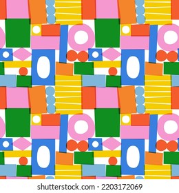 Abstract colorful geometric shape seamless pattern illustration. Creative hand drawn scandinavian collage art background, trendy vintage design with fun geometry shapes. Simple childish 90s print.