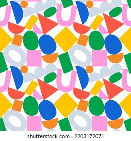 Abstract colorful geometric shape seamless pattern illustration. Creative hand drawn collage art background for children or trendy design with fun geometry shapes. Simple childish 90s print.