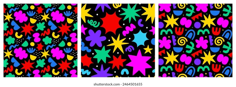 Abstract colorful geometric shape seamless pattern set with colorful star doodles. Flat cartoon background collection, simple random shapes in bright party colors. 