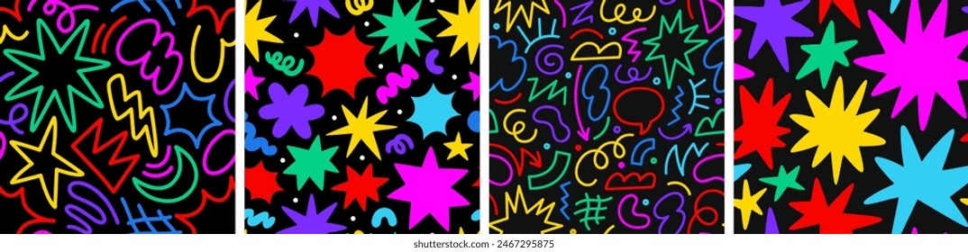 Abstract colorful geometric shape seamless pattern set with colorful star doodles. Flat cartoon background collection, simple random shapes in bright party colors.	
