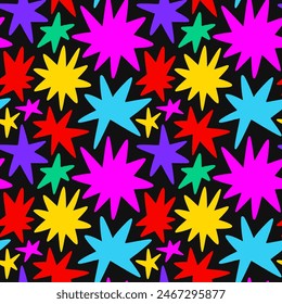 Abstract colorful geometric shape seamless pattern with colorful star doodles. Flat cartoon background, simple random shapes in bright party colors.	