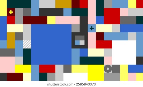 Abstract colorful geometric shapes, with blue square in the center