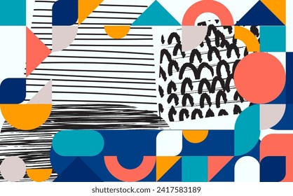 Abstract colorful geometric and shapes with grunge line art on background vector desihn for web, banner, cards, poster, cover and print.