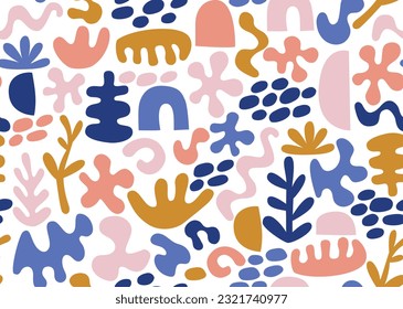 Abstract colorful geometric shapes seamless pattern. Vector simple doodle style background with soft geometric shapes.