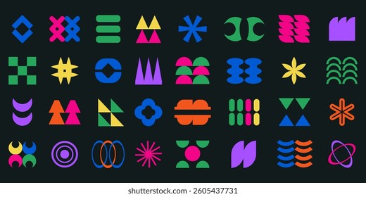 Abstract colorful geometric shapes set. Brutalist contemporary groovy shapes, y2k retro design elements collection. Funky geometric minimal figures and shapes for banner, poster, sticker, websites