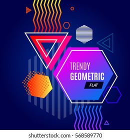 Abstract colorful geometric template with triangles hexagons and zigzags in trendy style vector illustration
