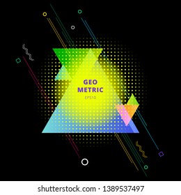 Abstract colorful geometric triangles composition with element halftone on black background. Vector illustration