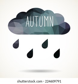 Abstract colorful geometric triangular cloud with raindrops and hand drawn word 'Autumn'.