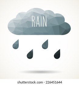 Abstract colorful geometric triangular cloud with raindrops and hand drawn word 'rain'.