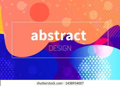 Abstract colorful geometric vector background. Fluid gradient shapes with halftone and bokeh effects. Neon colors on purple backdrop