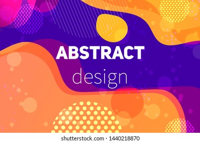 Abstract colorful geometric vector background. Fluid gradient shapes with halftone and bokeh effects. Neon colors on purple backdrop