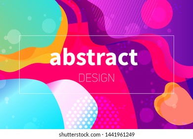 Abstract colorful geometric vector background. Fluid gradient shapes with halftone and bokeh effects. Neon colors on purple backdrop