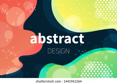 Abstract colorful geometric vector background. Fluid gradient shapes with halftone and bokeh effects. Bright colors on dark backdrop