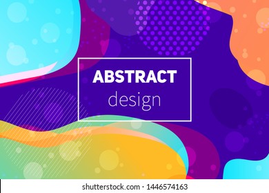 Abstract colorful geometric vector background. Fluid gradient shapes with halftone and bokeh effects. Neon colors on purple backdrop