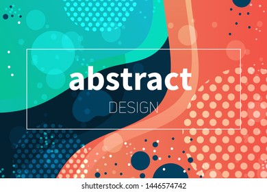 Abstract colorful geometric vector background. Fluid gradient shapes with halftone and bokeh effects. Bright colors on dark backdrop