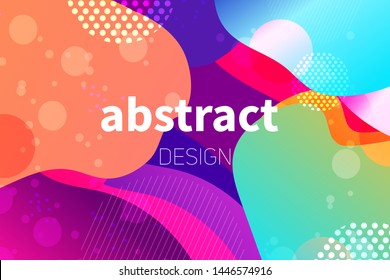 Abstract colorful geometric vector background. Fluid gradient shapes with halftone and bokeh effects. Neon colors on purple backdrop