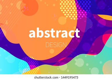 Abstract colorful geometric vector background. Fluid gradient shapes with halftone and bokeh effects. Neon colors on purple backdrop