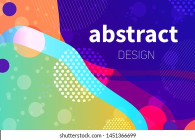 Abstract colorful geometric vector background. Fluid gradient shapes with halftone and bokeh effects. Neon colors on purple backdrop