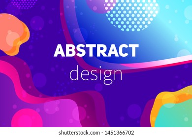 Abstract colorful geometric vector background. Fluid gradient shapes with halftone and bokeh effects. Neon colors on purple backdrop