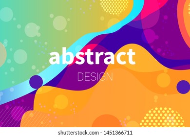 Abstract colorful geometric vector background. Fluid gradient shapes with halftone and bokeh effects. Neon colors on purple backdrop
