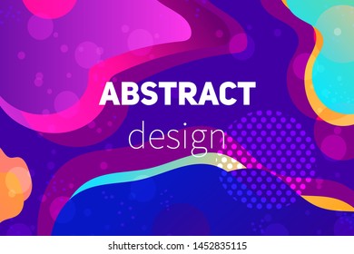 Abstract colorful geometric vector background. Fluid gradient shapes with halftone and bokeh effects. Neon colors on purple backdrop