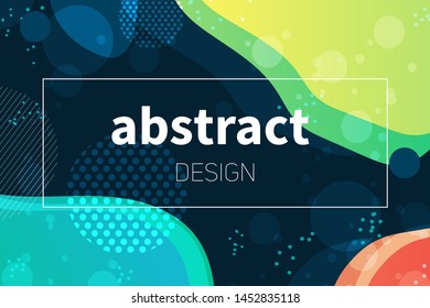 Abstract colorful geometric vector background. Fluid gradient shapes with halftone and bokeh effects. Bright colors on dark backdrop