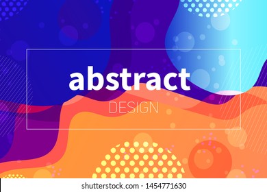 Abstract colorful geometric vector background. Fluid gradient shapes with halftone and bokeh effects. Neon colors on purple backdrop