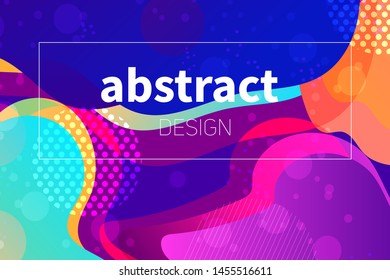 Abstract colorful geometric vector background. Fluid gradient shapes with halftone and bokeh effects. Neon colors on purple backdrop