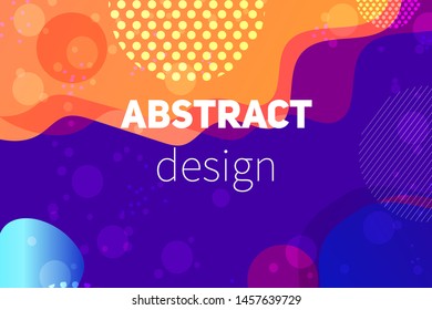 Abstract colorful geometric vector background. Fluid gradient shapes with halftone and bokeh effects. Neon colors on purple backdrop