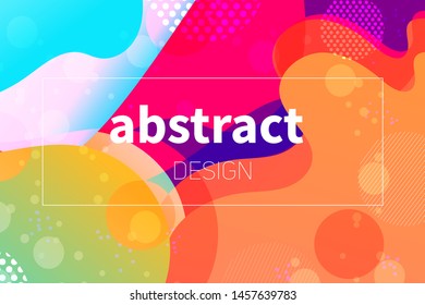 Abstract colorful geometric vector background. Fluid gradient shapes with halftone and bokeh effects. Neon colors on purple backdrop
