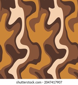 Abstract Colorful Geometric Wavy Liquid Curved Lines Stripes Strokes Seamless Vector Pattern Isolated Mustard Brown and Caramel Background