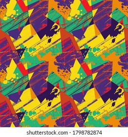 Abstract colorful geometry pattern with dots, curved shapes.