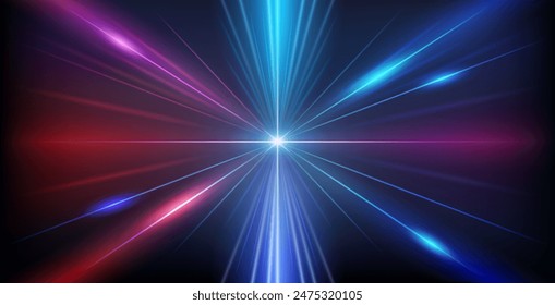 Abstrakter bunter Geometrie Roter und blauer Neon-Hintergrund mit hellem Ray-Halo im Retro-Wave-Stil. Vektorgrafik Clip Art für Ihr Nachtparty Design.