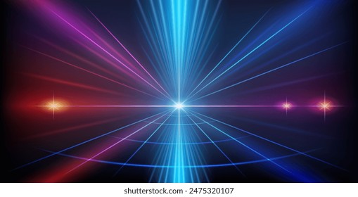 Abstrakter bunter Geometrie Roter und blauer Neon-Hintergrund mit hellem Ray-Halo im Retro-Wave-Stil. Vektorgrafik Clip Art für Ihr Nachtparty Design.