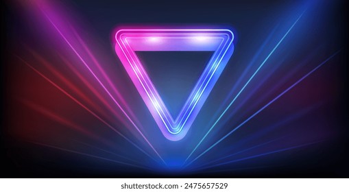 Abstractas geometría colorida Marco de triángulo de neón rojo y azul y halo de rayo brillante en estilo de onda retro. Vector arte de Clip para su fiesta de noche de diseño.