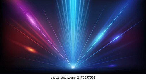 Abstract Colorful Geometry Red and Blue Neon Background with Bright Ray Halo in Retro Wave Style. Vector clip art for your night party design.