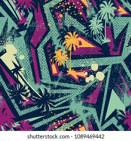 Abstract colorful geometry seamless pattern with palm trees.