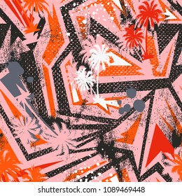 Abstract colorful geometry seamless pattern with palm trees.